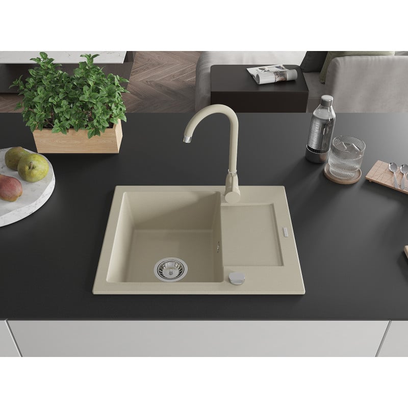 Mexen Enzo 1-bowl granite sink with drainer and Telma kitchen faucet, beige - 6506-69-670200-69