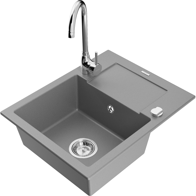 Mexen Enzo 1-compartment granite sink with a drip tray and kitchen mixer tap Telma, Grey - 6506-71-670200-00