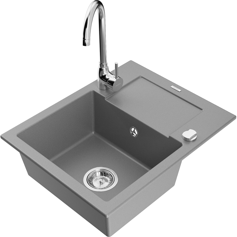 Mexen Enzo granite sink 1-bowl with drainer and Telma kitchen tap, grey - 6506-71-670200-00