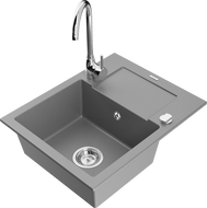 Mexen Enzo 1-compartment granite sink with a drip tray and kitchen mixer tap Telma, Grey - 6506-71-670200-00
