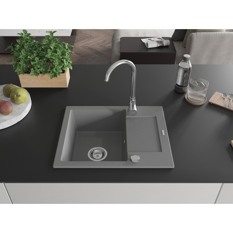 Mexen Enzo granite sink 1-bowl with drainer and Telma kitchen faucet, gray - 6506-71-670200-00