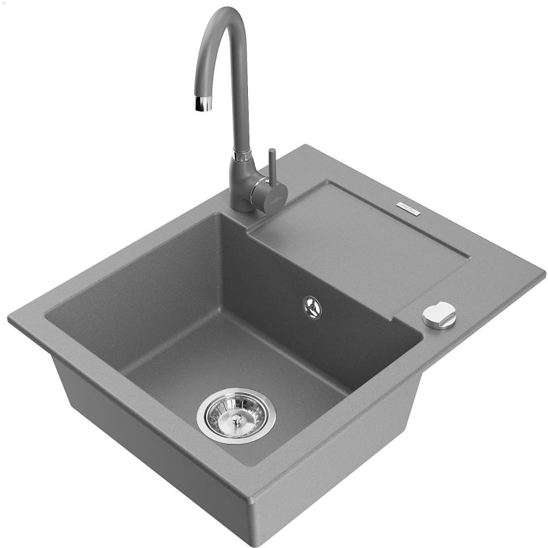 Mexen Enzo granite kitchen sink single bowl with drainer and Telma kitchen tap, grey - 6506-71-670200-71