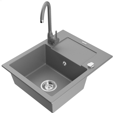 Mexen Enzo 1-compartment granite sink with a drip tray and kitchen mixer tap Telma, Grey - 6506-71-670200-71