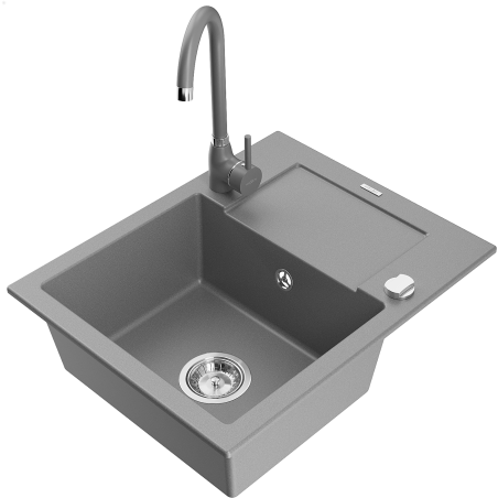 Mexen Enzo granite kitchen sink single bowl with drainer and Telma kitchen tap, grey - 6506-71-670200-71