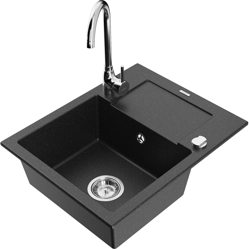 Mexen Enzo granite kitchen sink 1-bowl with drainer and Telma kitchen faucet, black/silver - 6506-73-670200-00