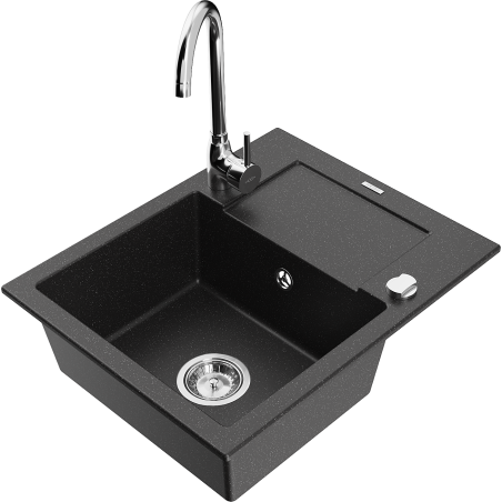 Mexen Enzo granite kitchen sink 1-bowl with drainer and Telma kitchen faucet, black/silver - 6506-73-670200-00