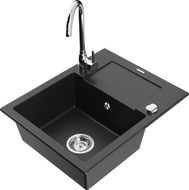 Mexen Enzo granite kitchen sink 1-bowl with drainer and Telma kitchen faucet, black/silver - 6506-73-670200-00