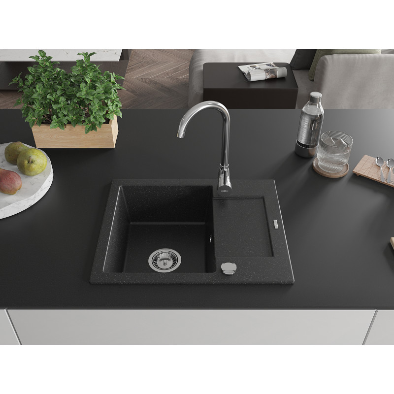 Mexen Enzo granite kitchen sink 1-bowl with drainer and Telma kitchen faucet, black/silver - 6506-73-670200-00