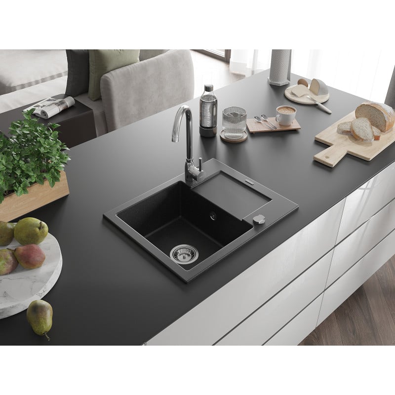Mexen Enzo granite kitchen sink 1-bowl with drainer and Telma kitchen faucet, black/silver - 6506-73-670200-00