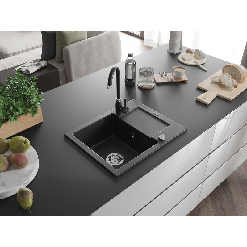 Mexen Enzo granite kitchen sink 1-bowl with drainer and Telma kitchen faucet, black/silver - 6506-73-670200-70
