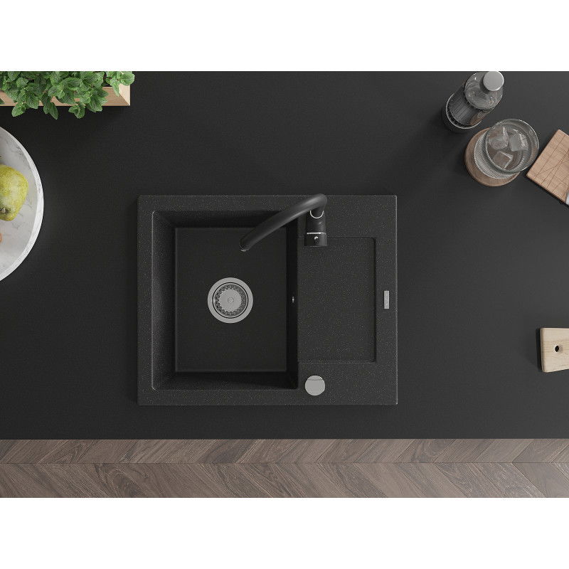 Mexen Enzo granite sink 1-bowl with drainer and Telma kitchen tap, black/silver - 6506-73-670200-70