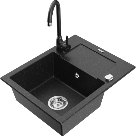 Mexen Enzo granite kitchen sink 1-bowl with drainer and Telma kitchen faucet, black/silver - 6506-73-670200-70