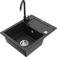 Mexen Enzo 1-compartment granite sink with a drip tray and kitchen mixer tap Telma, Black/Silver - 6506-73-670200-70