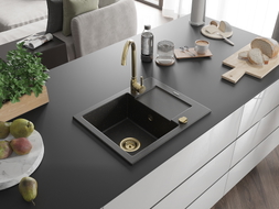 Mexen Enzo granite kitchen sink 1-bowl with drainer and kitchen faucet Telma, black/gold - 6506-75-670200-50