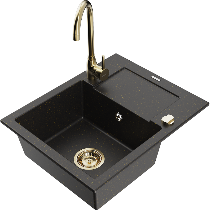 Mexen Enzo 1-compartment granite sink with a drip tray and kitchen mixer tap Telma, Black/Gold - 6506-75-670200-50