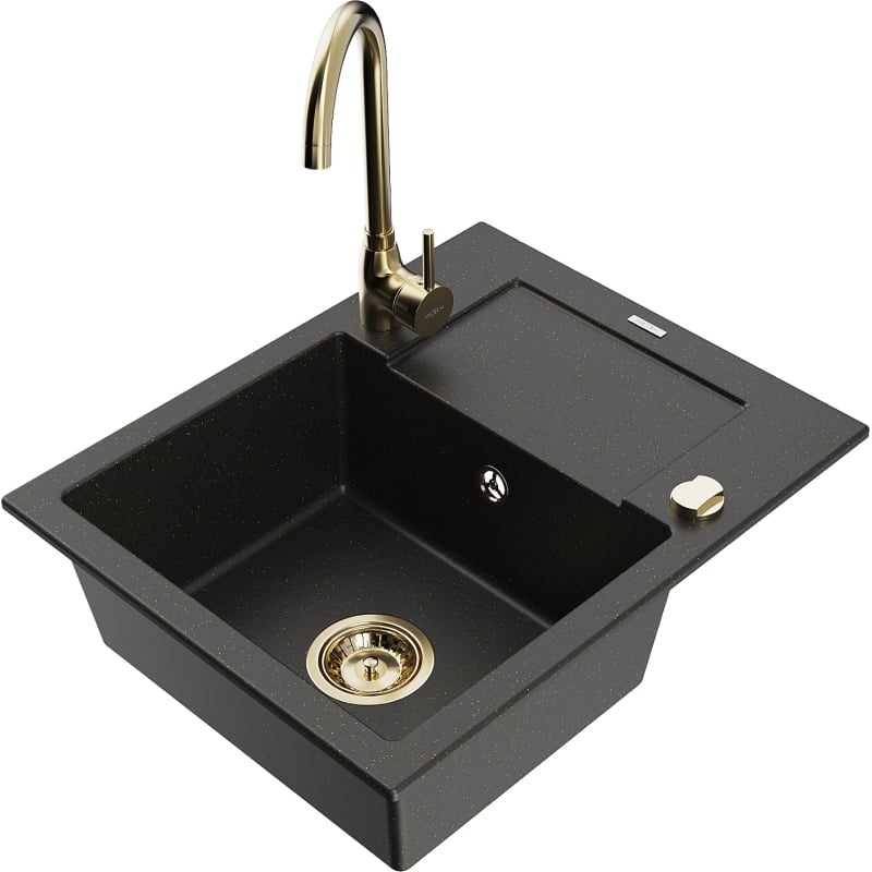 Mexen Enzo granite kitchen sink 1-bowl with drainer and kitchen faucet Telma, black/gold - 6506-75-670200-50