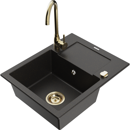 Mexen Enzo 1-compartment granite sink with a drip tray and kitchen mixer tap Telma, Black/Gold - 6506-75-670200-50