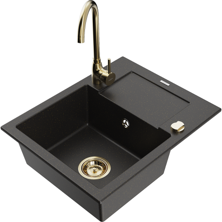 Mexen Enzo granite sink 1-bowl with drainer and Telma kitchen tap, black/gold - 6506-75-670200-50