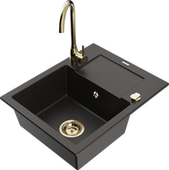 Mexen Enzo granite kitchen sink 1-bowl with drainer and kitchen faucet Telma, black/gold - 6506-75-670200-50