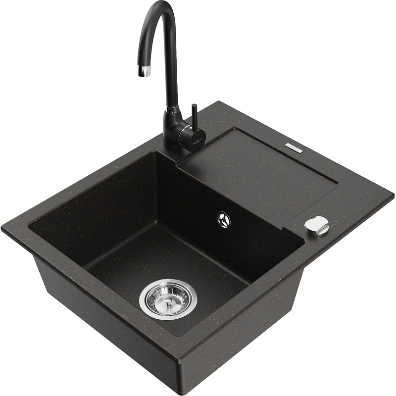 Mexen Enzo granite kitchen sink one-bowl with drainer and Telma kitchen tap, black/gold - 6506-75-670200-70