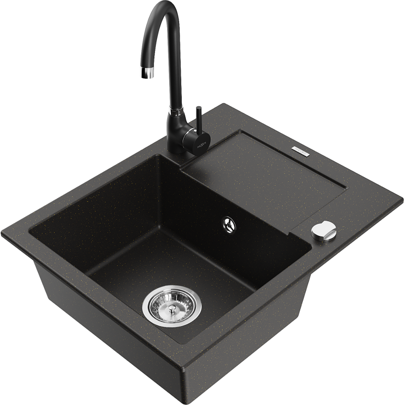 Mexen Enzo granite sink 1-bowl with drainer and Telma kitchen faucet, black/gold - 6506-75-670200-70
