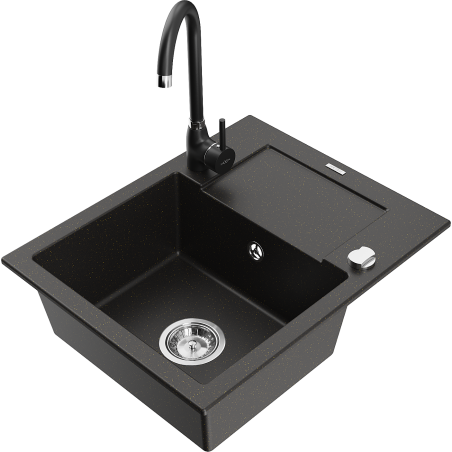 Mexen Enzo granite kitchen sink one-bowl with drainer and Telma kitchen tap, black/gold - 6506-75-670200-70
