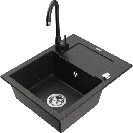 Mexen Enzo granite sink 1-bowl with drainer and Telma kitchen faucet, black/gold - 6506-75-670200-70