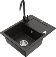 Mexen Enzo granite sink 1-bowl with drainer and Telma kitchen faucet, black/gold - 6506-75-670200-70
