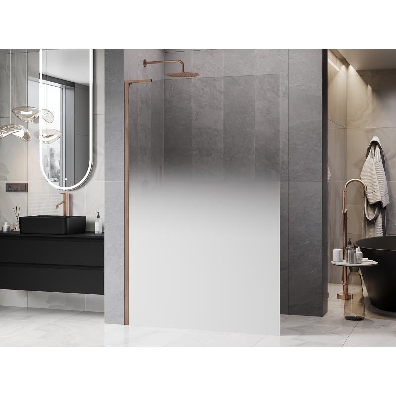 Mexen Kioto L Walk-in shower wall 90 x 200 cm, white ombre 8 mm, brushed copper - 800-090-103-65-86