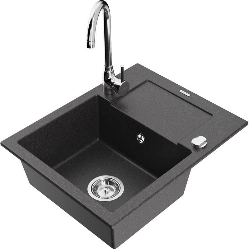 Mexen Enzo granite sink 1-bowl with drainer and Telma kitchen tap, black speckled - 6506-76-670200-00