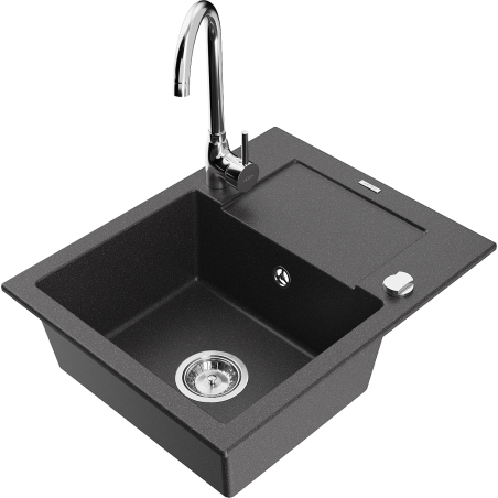 Mexen Enzo 1-compartment granite sink with a drip tray and kitchen mixer tap Telma, Spotted black - 6506-76-670200-00