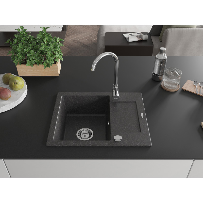 Mexen Enzo Granite Kitchen Sink 1-Bowl with Drainer and Telma Kitchen Faucet, Black Speckled - 6506-76-670200-00
