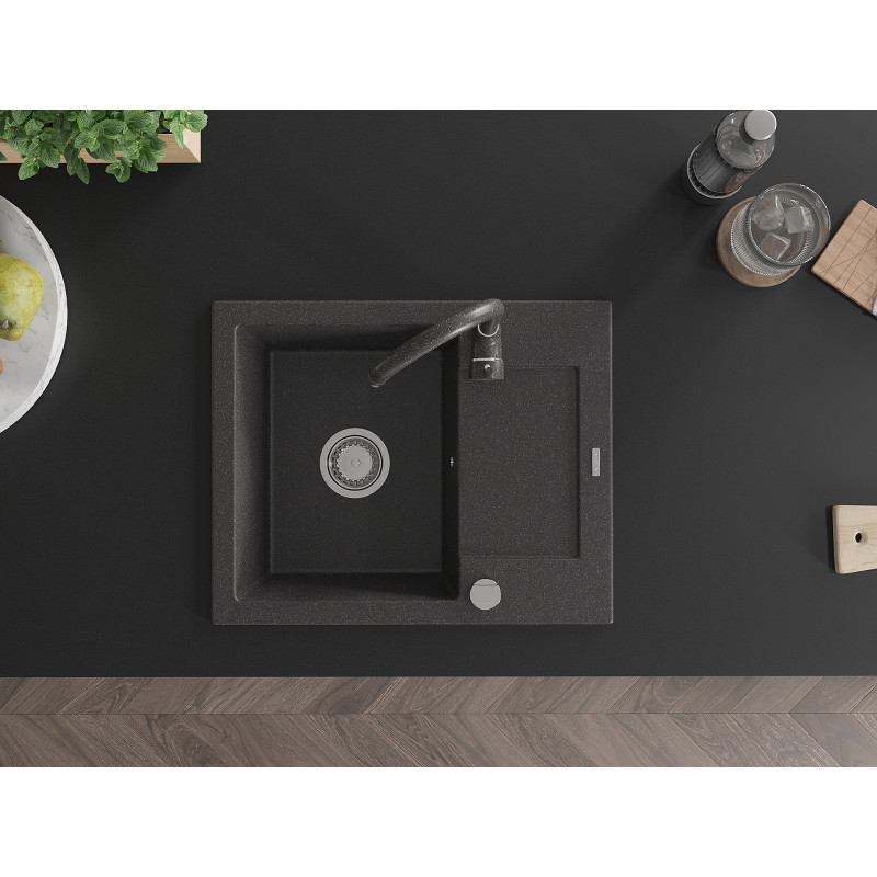 Mexen Enzo granite kitchen sink 1-bowl with drainer and Telma kitchen faucet, black speckled - 6506-76-670200-76