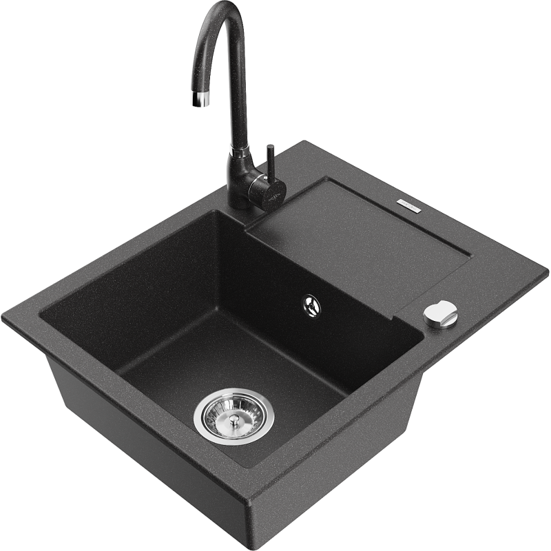 Mexen Enzo granite kitchen sink 1-bowl with drainer and Telma kitchen faucet, black speckled - 6506-76-670200-76