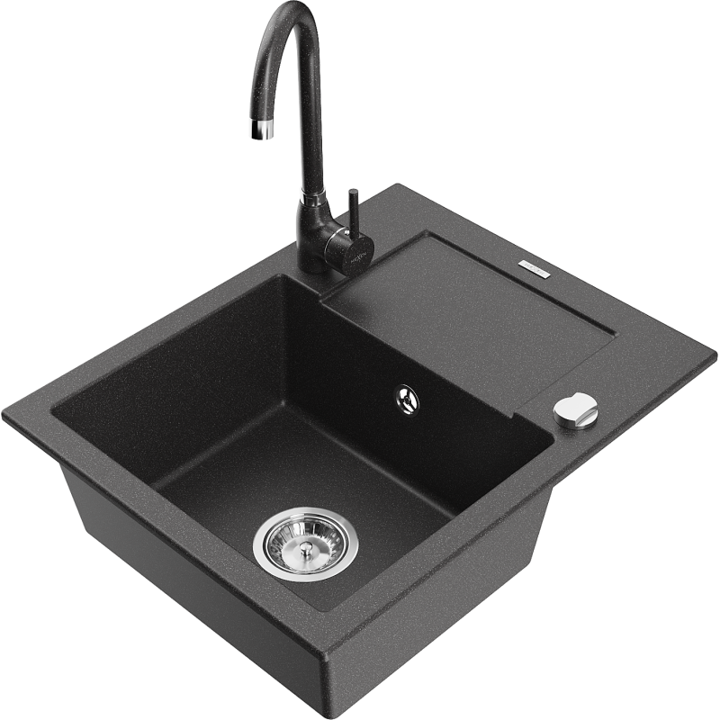 Mexen Enzo granite sink 1-bowl with drainer and Telma kitchen tap, black speckled - 6506-76-670200-76