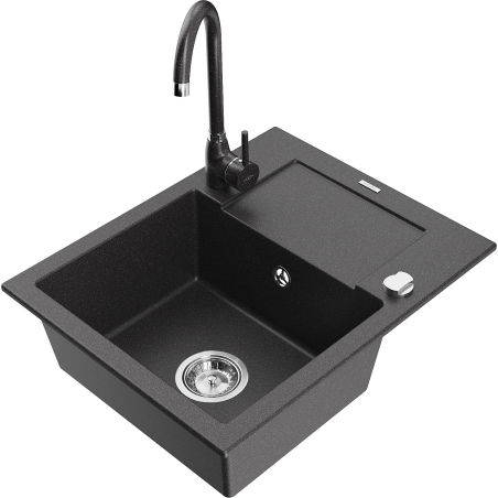 Mexen Enzo granite kitchen sink 1-bowl with drainer and Telma kitchen faucet, black speckled - 6506-76-670200-76