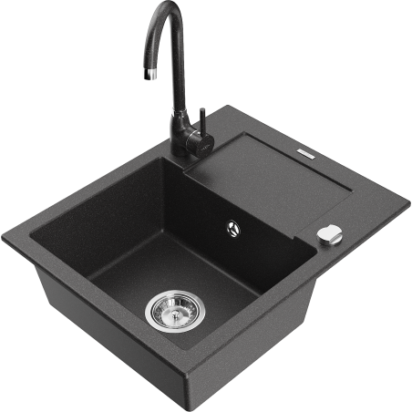 Mexen Enzo granite sink 1-bowl with drainer and Telma kitchen tap, black speckled - 6506-76-670200-76