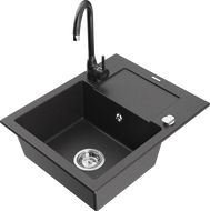 Mexen Enzo granite kitchen sink 1-bowl with drainer and Telma kitchen faucet, black speckled - 6506-76-670200-76