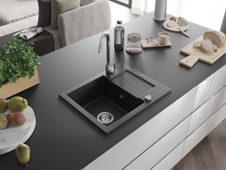 Mexen Enzo 1-bowl granite sink with drainer and Telma kitchen faucet, black - 6506-77-670200-00