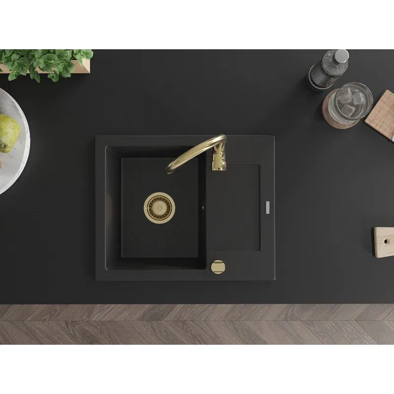 Mexen Enzo 1-bowl granite kitchen sink with drainer and Telma kitchen tap, black - 6506-77-670200-50