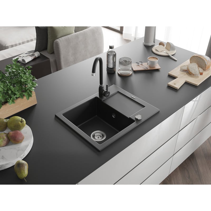 Mexen Enzo 1-bowl granite sink with drainer and Telma kitchen tap, black - 6506-77-670200-70
