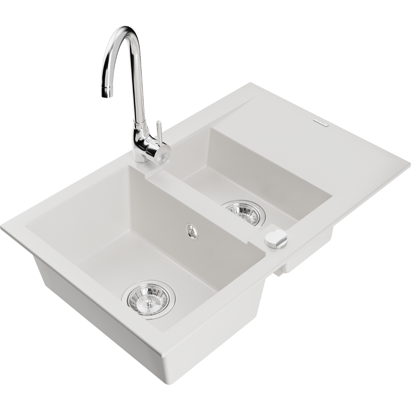 Mexen Gaspar 1.5-compartment granite sink with a drip tray and kitchen mixer tap Telma, White - 6507-20-670200-00