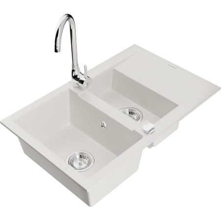 Mexen Gaspar granite sink 1.5-bowl with drainer and Telma kitchen faucet, white - 6507-20-670200-00