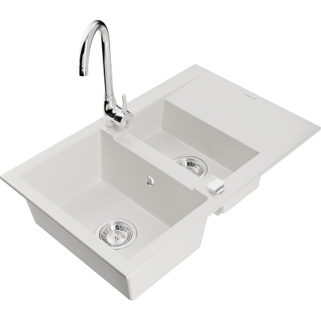 Mexen Gaspar granite sink 1.5-bowl with drainer and Telma kitchen tap, white - 6507-20-670200-00