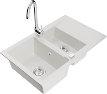 Mexen Gaspar 1.5-compartment granite sink with a drip tray and kitchen mixer tap Telma, White - 6507-20-670200-00