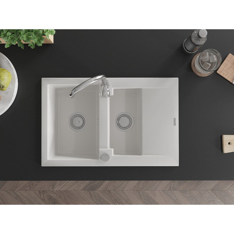 Mexen Gaspar granite sink 1.5-bowl with drainer and Telma kitchen faucet, white - 6507-20-670200-00
