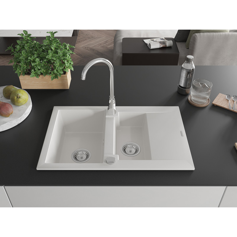Mexen Gaspar granite sink 1.5-bowl with drainer and Telma kitchen faucet, white - 6507-20-670200-00