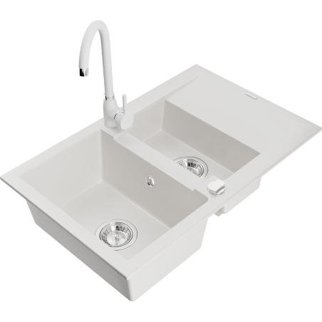 Mexen Gaspar 1.5-bowl granite sink with drainer and Telma kitchen tap, white - 6507-20-670200-20