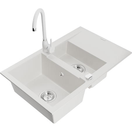 Mexen Gaspar granite sink 1.5-bowl with drainer and Telma kitchen faucet, white - 6507-20-670200-20