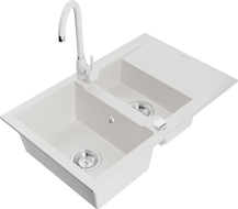 Mexen Gaspar granite sink 1.5-bowl with drainer and Telma kitchen faucet, white - 6507-20-670200-20